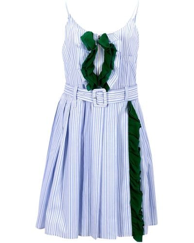 Prada Ruffled Striped Mini Dress - Blue