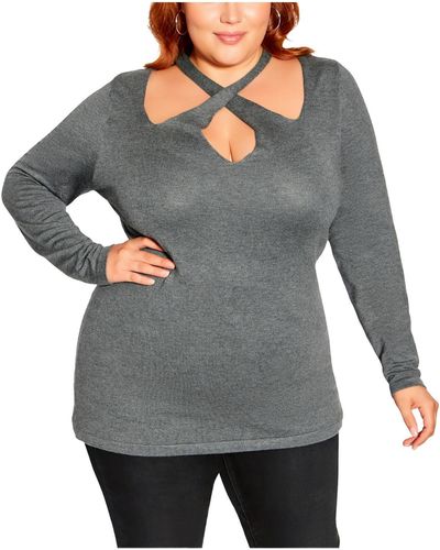 City Chic Plus Mia Crossover Neck Cut Out Blouse - Gray