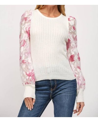 Fate Floral Print Organza Sleeve Cable Knit Sweater - Gray