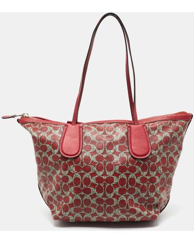 COACH /grey Signature Coated Canvas And Leather Taxi Zip Tote - Red