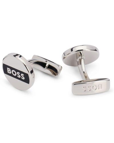 BOSS - Round cufflinks with brushed logo and high-shine finish
