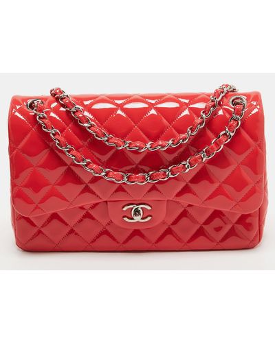 Chanel Quilted Patent Leather Jumbo Classic Double Flap Bag - Red