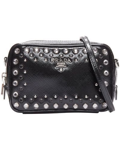 Prada Crystal Silver Stud Logo Saffiano Leather Crossbody Camera Bag - Black