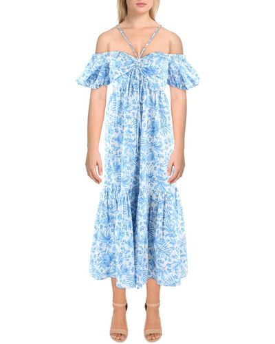 Aqua Cotton Floral Midi Dress - Blue