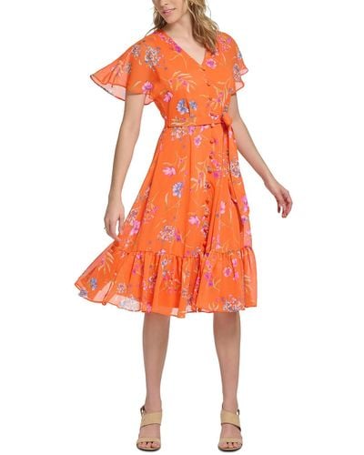 Calvin Klein Petites Floral Print Knee Length Fit & Flare Dress - Orange
