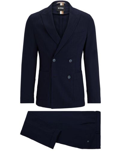 BOSS Double-breasted Slim-fit Suit - Blue