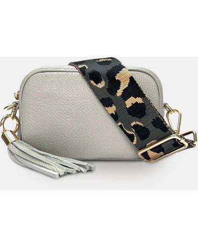 Apatchy London The Mini Tassel Light Gray Leather Phone Bag With Gray Leopard Strap - White