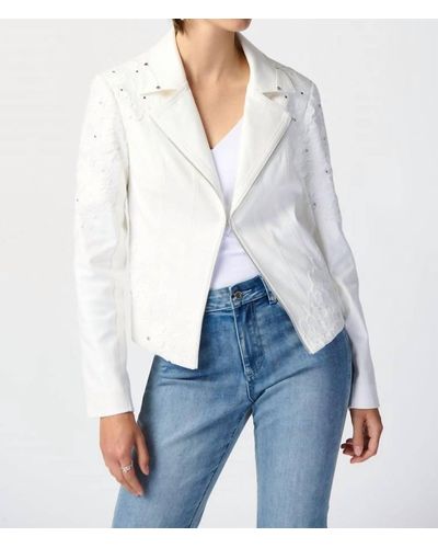 Joseph Ribkoff Studded Foiled Suede Jacket With Floral Appliqué - White