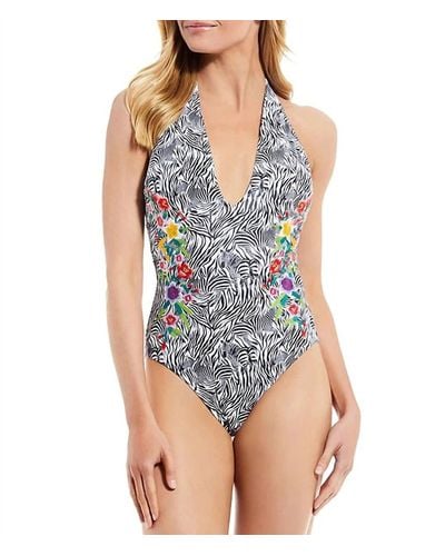 Johnny Was Spring Halter Embroidered One-piece Swimsuit - Blue
