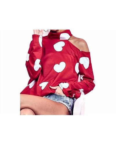 Bibi Heart Print Top With One Open Shoulder - Red