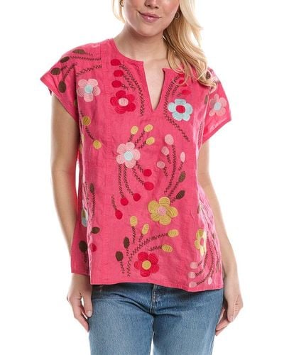 Johnny Was Joni Easy Paneled V Neck Top - Red