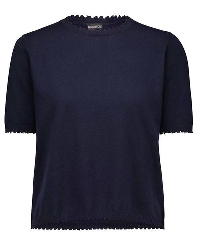 Minnie Rose Cotton Cashmere Distressed Boxy Tee - Blue