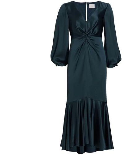 Cinq À Sept Velda Drop Waist Blouson Sleeve Silk Midi Dress - Blue