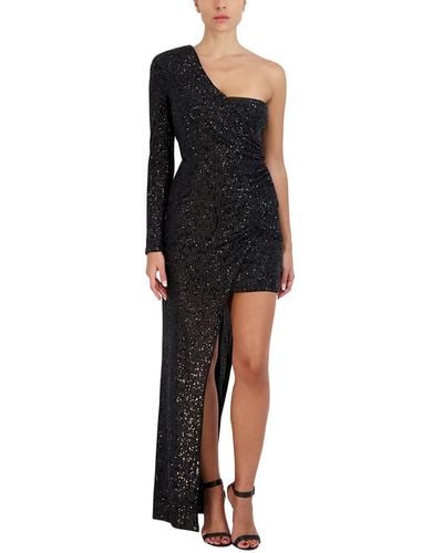 BCBGMAXAZRIA Fitted Floor Length Evening Gown One Long Sleeve Asymmetrical Neck High Low Hem Dress - Black