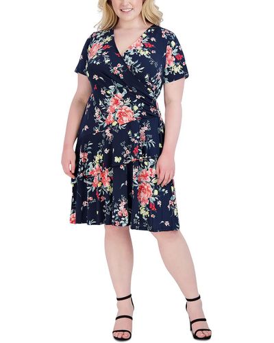 Signature By Robbie Bee Plus Tiered Floral Wear To Work Dress - Blue
