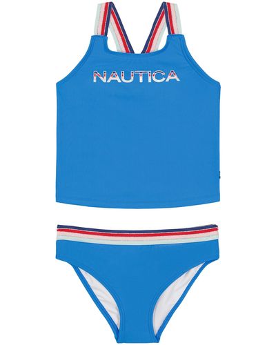Nautica Girls' Color Striped Logo And Strap Tankini (8-20) - Blue