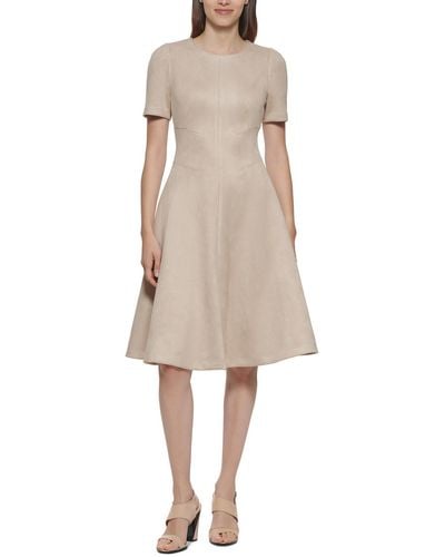 Calvin Klein Faux Suede Short Sleeves Fit & Flare Dress - Natural