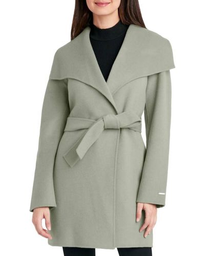 Tahari Tie Belt Wing Collar Wool Wrap Coat - Gray