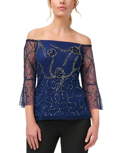 Adrianna Papell Sequined Beaded Blouse - Blue