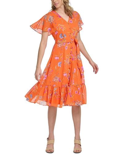 Calvin Klein Petites Floral Print Knee Length Fit & Flare Dress - Orange