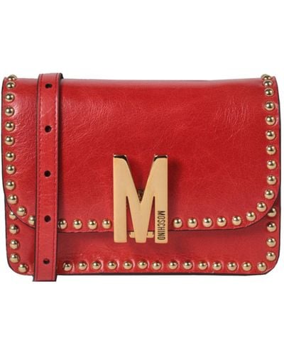 Moschino M Logo Studded Leather Shoulder Bag - Red