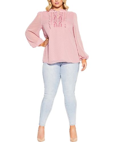 City Chic Plus Ruffle Neck Embroidered Blouse - Pink