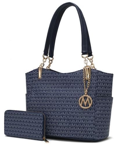 MKF Collection by Mia K Savannah M Logo Printed Vegan Leather Tote And Wristlet Wallet - 2 Pieces - Blue