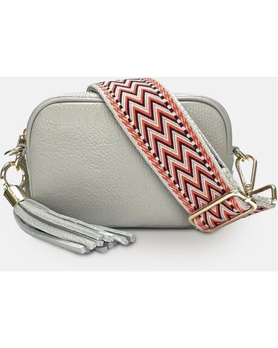 Apatchy London The Mini Tassel Light Gray Leather Phone Bag With Gray Boho Strap - White
