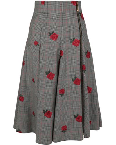 Versace Floral Embroidered Plaid Skirt - Gray