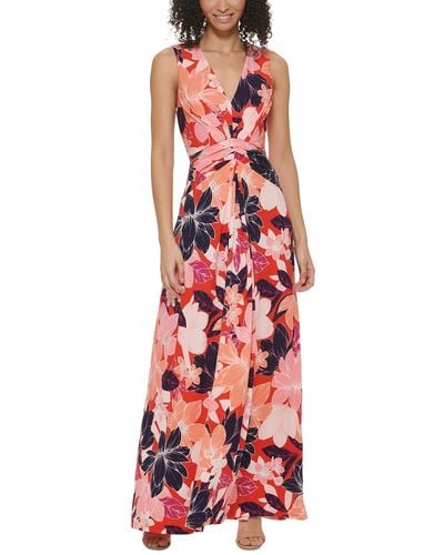 Jessica Howard Petites Floral Print Polyester Maxi Dress - Red