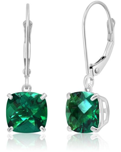 MAX + STONE 14k Solid White Gold Gemstone Dangle Leverback Earrings (8mm) - Green