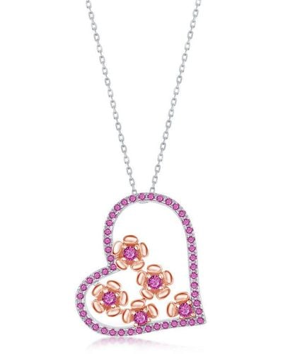 Simona Sterling Silver Cz Ruby Heart And Flowers Necklace - Gold Plated - Pink