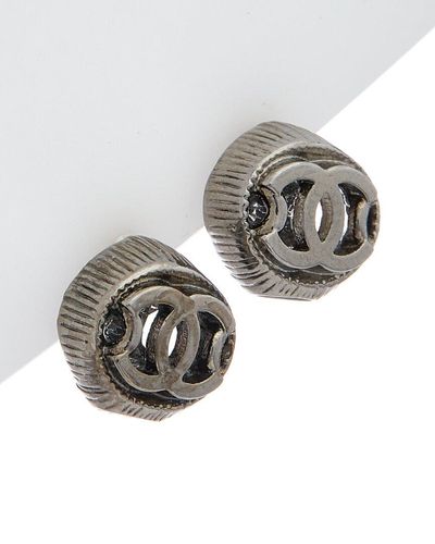 CHANEL Earrings CC Round Fake Pearl Rhinestone COCO Stud B18B Silver Metal  auth