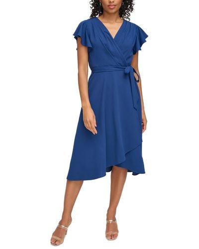 DKNY Faux Wrap Pleated Midi Dress - Blue
