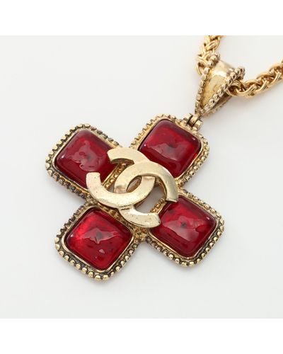 Chanel Coco Mark Necklace Gp Gold Cross Motif 96a - Red