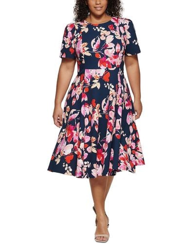 Calvin Klein Plus Floral Short Sleeves Fit & Flare Dress - Red