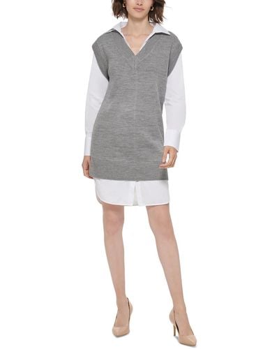 Calvin Klein Petites Layered Look Mini Sweaterdress - Gray