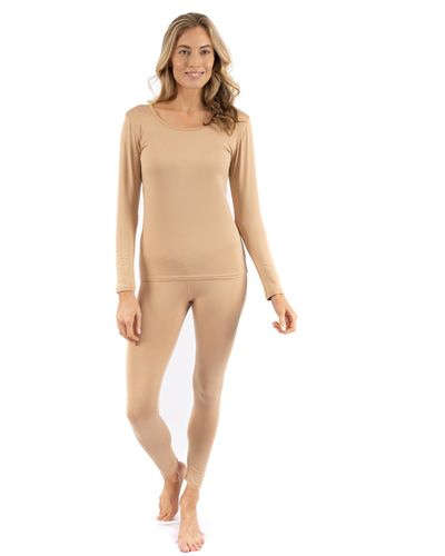 Leveret Two Piece Neutral Solid Thermal Pajamas - Natural