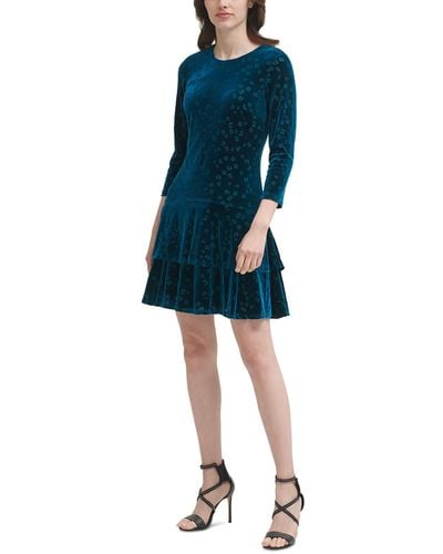 DKNY Velvet Ruffled Cocktail And Party Dress - Blue