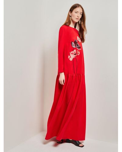 Misook Placed Floral Drop Waist Twill Maxi Dress - Red
