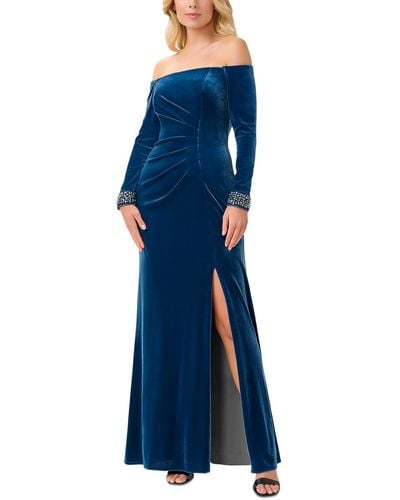 Adrianna Papell Velvet Embellished Evening Dress - Blue