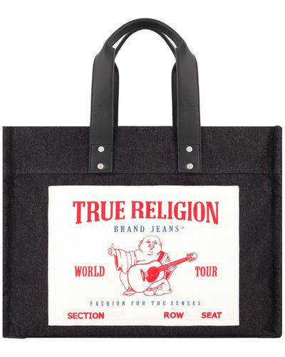 True Religion Large Washed Black Denim Tote - Red