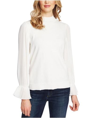 Cece Mock Turtleneck Pleated Sleeves Pullover Top - White