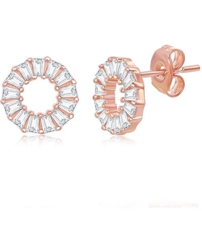 Simona Sterling Silver Open Circle Baguette Cz Stud Earrings - Rose Gold Plated - Pink