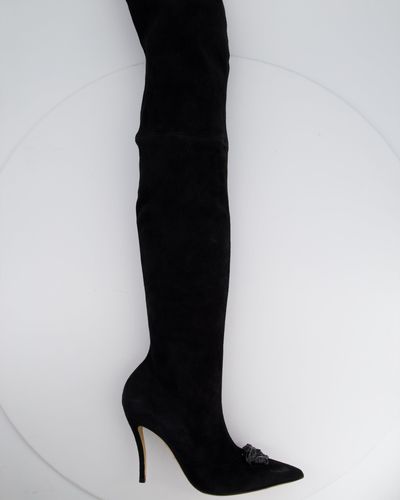 Versace Suede Knee High Boots With Medusa Toe Detail - Black