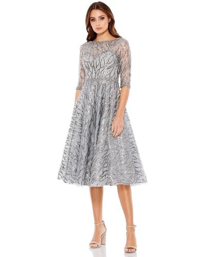 Mac Duggal High Neck Above Elbow Sleeve Embellished A Line Dress - Gray