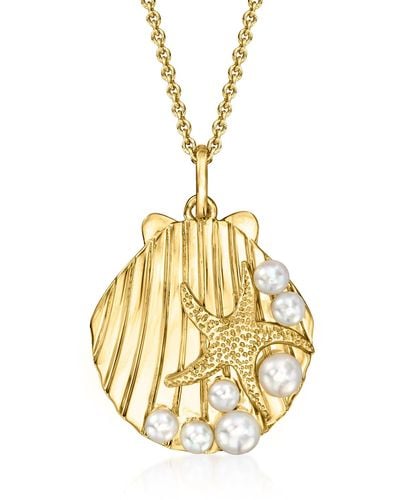 Ross-Simons 3-4mm Cultured Pearl Seashell Pendant Necklace - Metallic