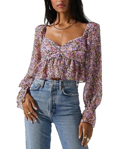 Astr Floral Print Ruffle Cropped - Blue