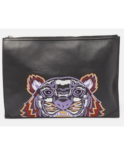 KENZO Tiger Embroidered Leather Zip Flat Pouch - Metallic