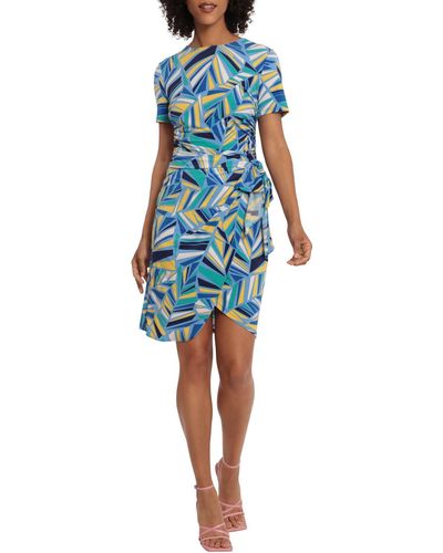 Maggy London Faux Wrap Printed Mini Dress - Blue